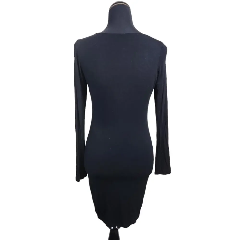 Lulu's Dress Size Large Lace Up Front Bodycon Long Sleeve Black Mini Dress - Picture 2 of 8